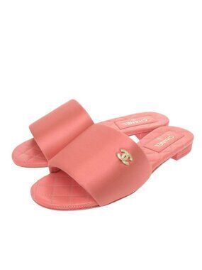 Chanel Flat Sandals Coco Mark Satin Pink 0424